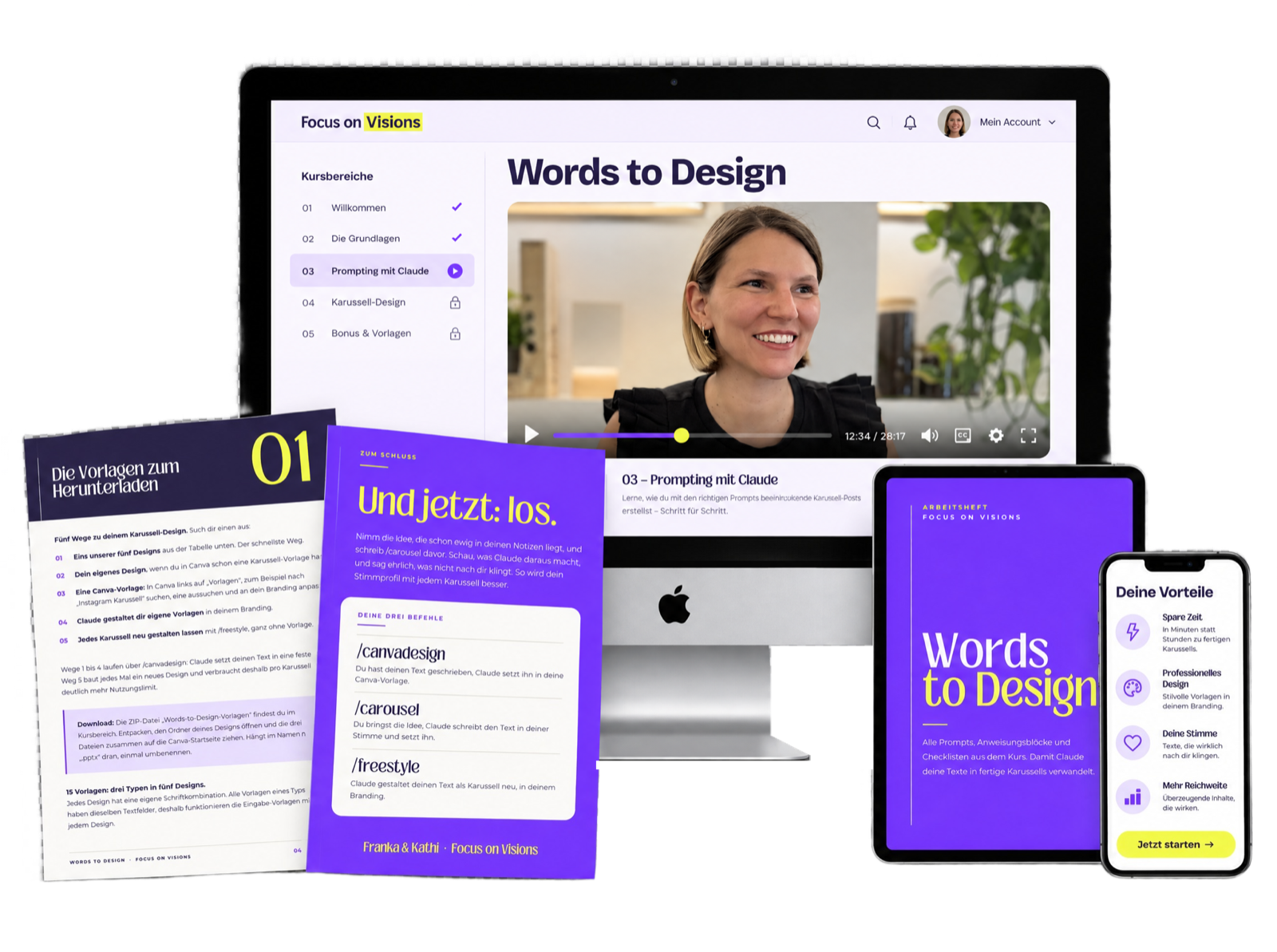 Words to Design: Kursbereich mit Video von Kathi auf dem iMac, Seiten aus dem begleitenden Guide, Tablet und iPhone